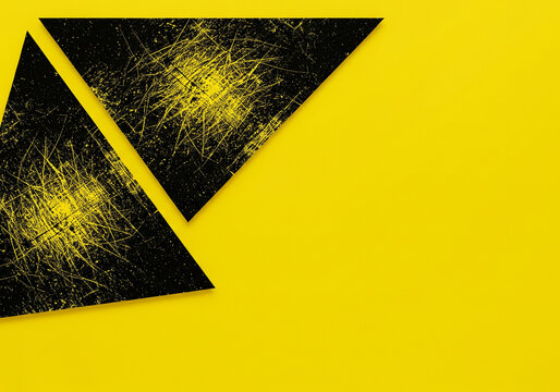 Abstract geometric triangles with intricate golden mandala patterns on a vibrant yellow background offering copy space for design