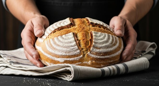 Hands holding rustic sourdough bread on a towel