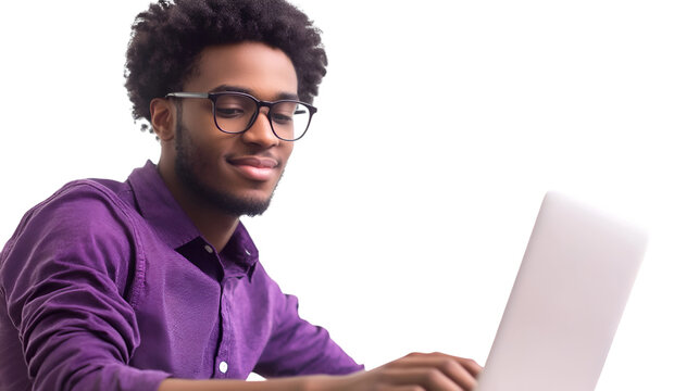 Young black man with glasses wearing a purple shirt smiling while typing on a silver laptop isolated on transparent background