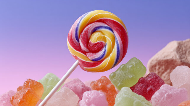 Colorful lollipop and gummy bears on vibrant pastel background. - Powered by Adobe