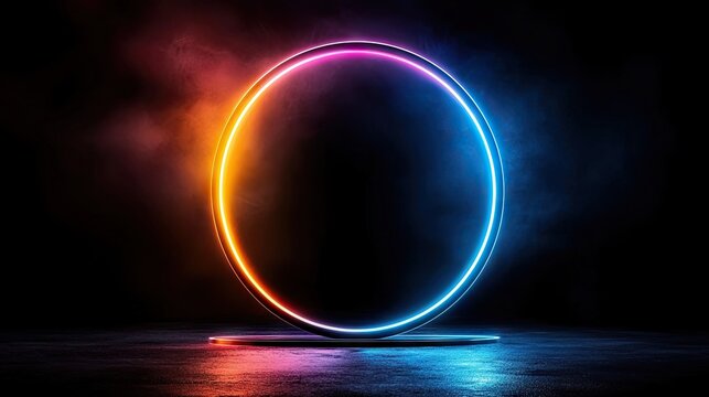 A vibrant neon circle glows against a dark background, casting colorful reflections on a concrete floor. The image evokes a futuristic or abstract concept.