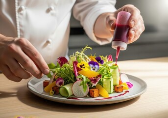 Chef garnishing colorful gourmet salad with dressing from squeeze bottle
