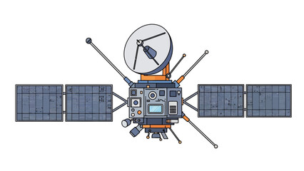 A pixelated illustration of a spacecraft with solar panels and a dish antenna