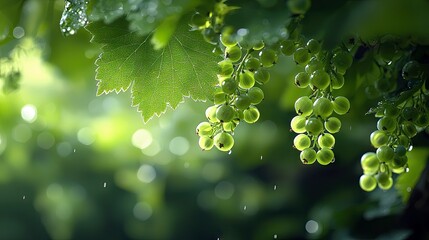 Close-up of green currant berries hanging from a branch with raindrops, surrounded by green leaves and soft sunlight, creating a natural and fresh atmosphere.