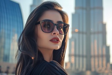 Elegant fashion portrait of a stylish young woman in black sunglasses and red lipstick, posing against a golden hour cityscape backdrop with blurred skyscrapers.