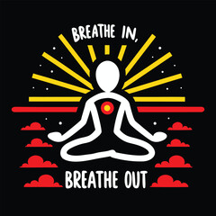 Faceless figure meditating in lotus pose surrounded by clouds and yellow radiating bars on black