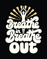 Silhouetted figure raises arms among paddles above flowing words saying breathe in breathe out