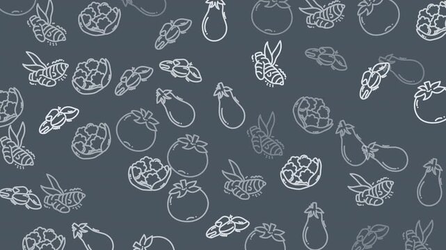 Agricultural pattern with eggplant, turmeric, cauliflower, tomatoes, and basil. Ideal for food packaging, kitchen textiles, and print materials.