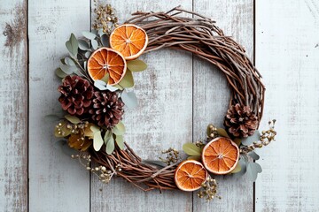 Rustic grapevine wreath adorned with dried orange slices and pinecones for seasonal decoration