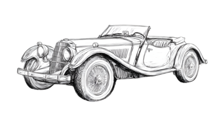 Vintage Classic Roadster Car Sketch, Hand-Drawn Pencil Illustration
