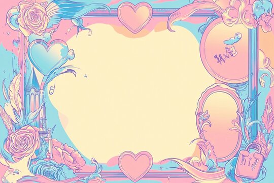 Ethereal spire surrounded by whimsical hearts and florals in a colorful greeting card design