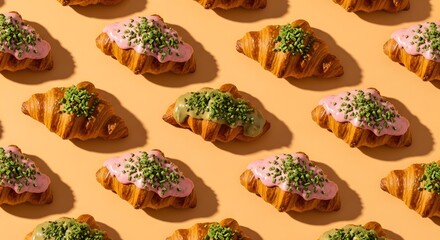 Sweeten your day with a delicious croissant! A tempting array of bakery treats with pistachio sprinkles and pink, green glaze, perfect for breakfast.