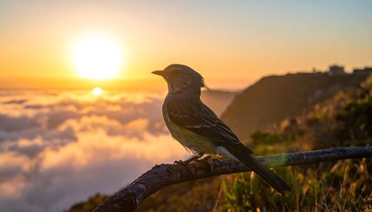 Bird perched on branch, basking in warm sunlight over a scenic mountaintop landscape view above cloud cover