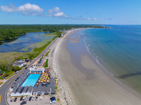 Sawyers Beach and The Beach Club house aerial view in summer with Ocean Boulevard in town of Rye, New Hampshire NH, USA. 