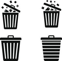 Black and White Trash Can Icons – Open and Closed Lid Variations for UI, Waste Management, and Minimalist Design Concepts