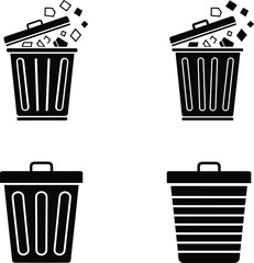 Black trash bin icon set featuring filled and empty garbage containers with lids, waste symbols, simple vector design for cleaning, disposal, and sanitation concepts.