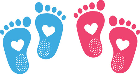 Blue and Pink Baby Footprint Icons with Heart – Gender Reveal, Birth Announcement, and Baby Shower Graphic Design Elements