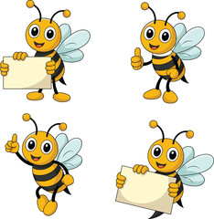 Cartoon bees in various cheerful poses with blank signs and gestures, perfect for kids’ education, design, or presentations