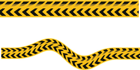 Bold yellow and black chevron caution tape illustration featuring straight and wavy hazard stripes, directional warning pattern design, safety barrier graphic for industrial and construction visuals.