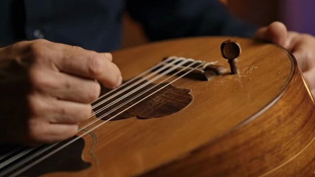 Detailed shot of artisan's hands carefully tuning and adjusting the strings of an oud for a traditional music craftsmanship concept and cultural art