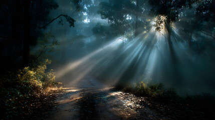 Light shining through fog creating sense of peace and self awareness 