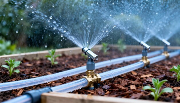 Micro sprinkler setup in a flower bed focusing on fine water spray and detailed nozzle placement for delicate plant hydration.
