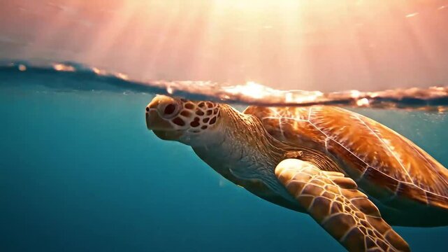 Close-up underwater shot of a large sea turtle swimming near the ocean surface, illuminated by golden shimmering sunlight, perfect for nature documentaries and conservation campaigns.