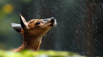 A deer looks up into the rain, with water droplets visible on its fur. The image is a close-up shot of the deer's head and neck.