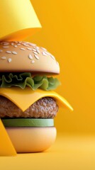 Close-up of a cheeseburger with sesame seeds, lettuce, cheese, and a patty against a yellow background. The image highlights the ingredients and textures.