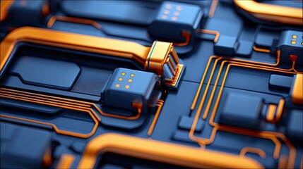 Close-up shot of a circuit board with blue and gold components. The image highlights the intricate details of the electronic pathways and chips.