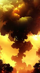 A dramatic image of a large, dark cloud formation against a fiery orange and yellow sky, suggesting a powerful explosion or natural phenomenon.