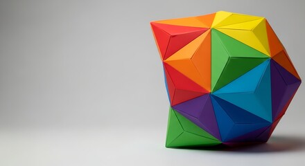 Vibrant geometric puzzle in rainbow colors, a modern art sculpture expressing unity and diversity with creative design for educational play