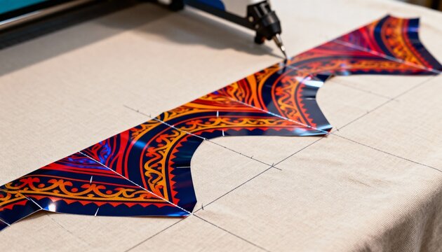 Medium shot of patterned heat transfer vinyl sheets being cut and positioned on a fabric surface before heat pressing displaying intricate designs and vibrant colors.