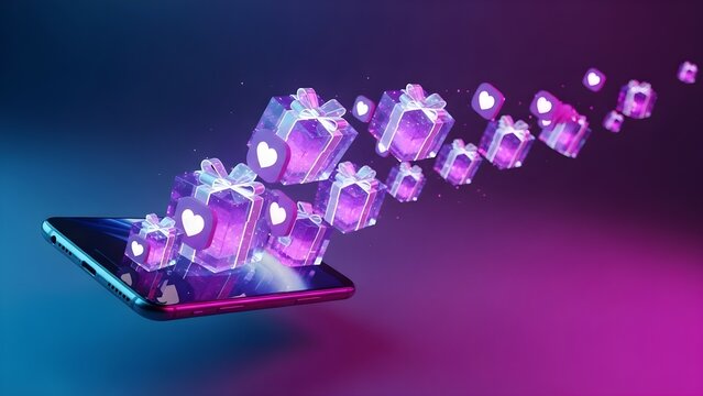 Virtual gift boxes with hearts emerge from a smartphone screen in a futuristic neon light setting, symbolizing online rewards