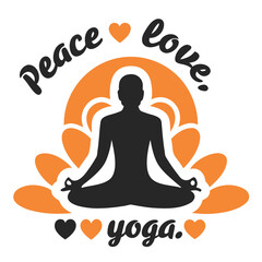Silhouette figure meditates in lotus pose surrounded by peace, love, yoga, and hearts