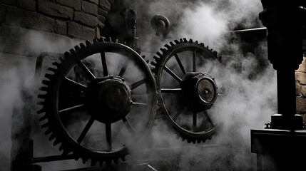 Two large gear wheels with steam in a dark, industrial setting. The image has a steampunk aesthetic with dramatic lighting and a mysterious atmosphere.