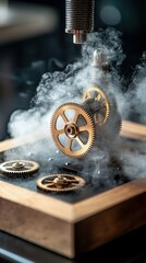 Close-up shot of golden gears partially obscured by smoke, arranged within a wooden frame, with a dark and moody atmosphere.