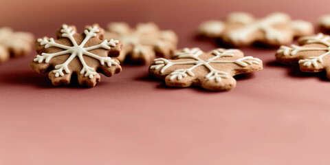 Gingerbread snowflake cookies arranged on the kitchen table. Minimalist Christmas background.