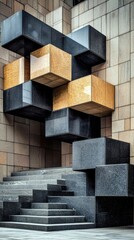 A modern architectural design featuring floating cube structures and a staircase. The image showcases a contemporary building facade with geometric shapes and a