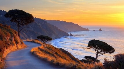 A scenic coastal road winds along a mountain, with trees and the ocean at sunset.