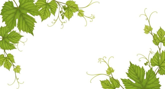 Green grape leaves and tendrils on white background