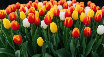 Obraz premium Vibrant Red, Yellow, and White Tulips Bloom