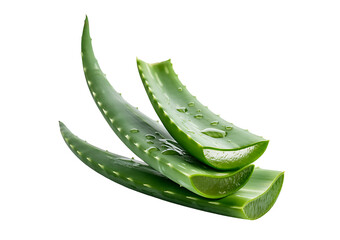 Three aloe vera leaves with glistening water droplets are arranged diagonally, showcasing their smooth green texture and natural freshness