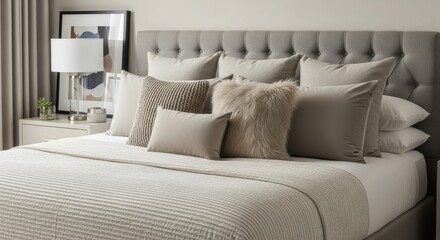 Luxury neutral bedroom interior with plush pillows and bedding.