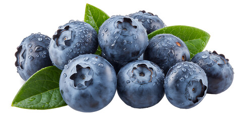 Close up of fresh blueberries with green leaves and water droplets, showcasing their rich blue color and natural texture