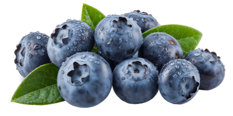 Close up of fresh blueberries with green leaves and water droplets, showcasing their rich blue color and natural texture