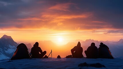 A group of people are silhouetted against a vibrant sunset in a snowy mountain landscape. They are sitting and observing the view with a tent nearby.