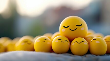 A group of yellow emoji characters with closed eyes and smiling faces, symbolizing happiness and peace, are gathered together in a soft-focus, outdoor setting.