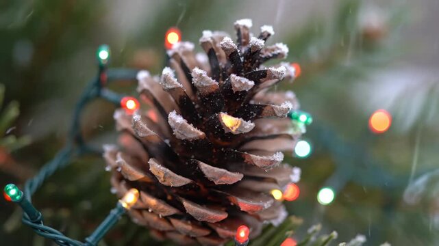 Festive pinecone with twinkling colorful holiday lights, winter decor.