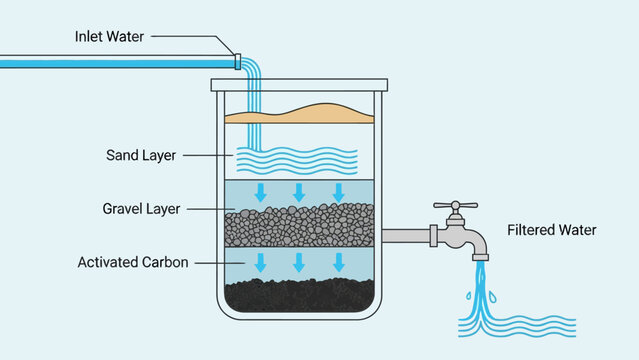 Water filter diagram with inlet sand gravel and activated carbon layers